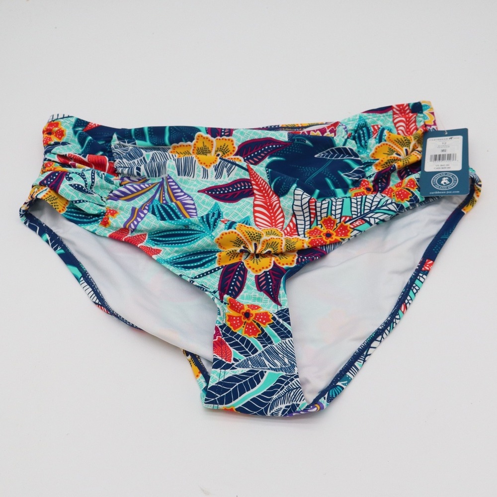 Caribbean Joe Swim Bottom Womens 12 Seafoam Tropical Floral Ruched NEW